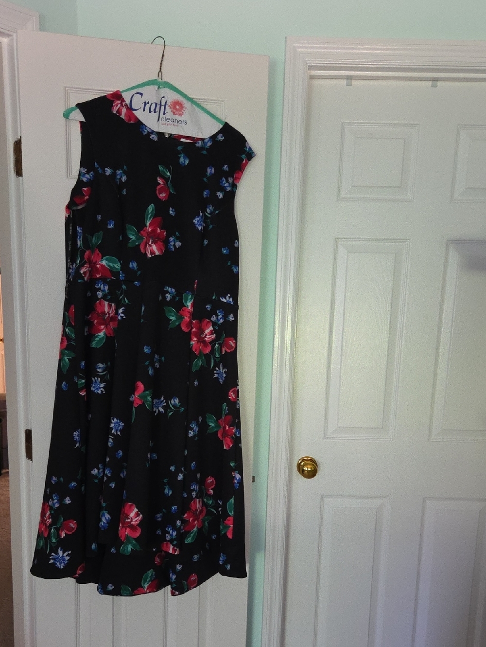 Black Floral Sleeveless Midi Dress with Red & Blue Flowers